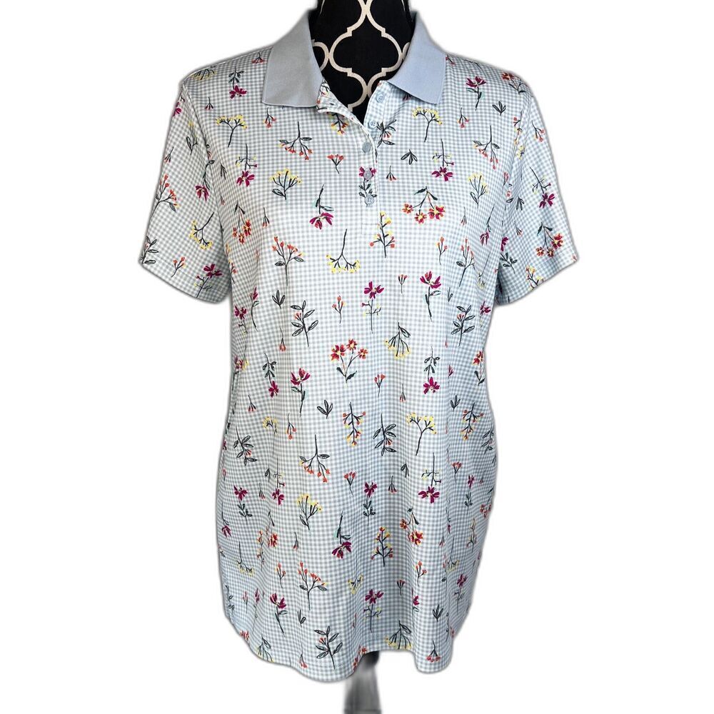 Lands End Blue Gingham Floral Collared Short Sleeve Golf Casual Shirt Size Large